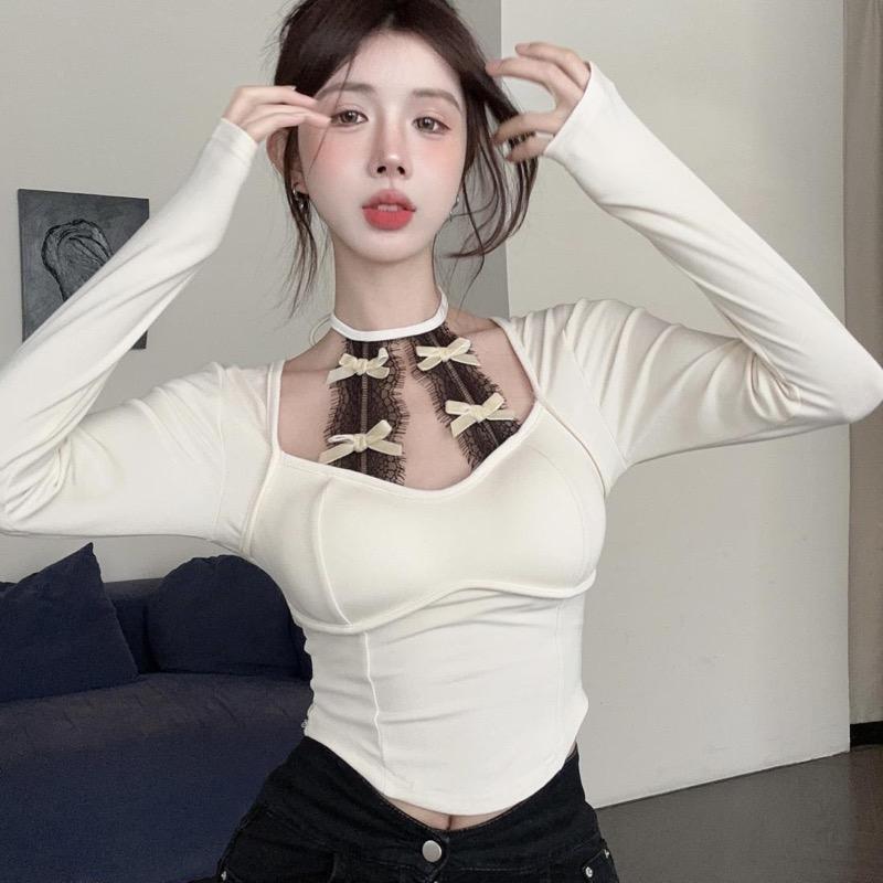 2KWEIRD Square Collar Long Sleeve Bottoming Women Tees Sweet Y2k Aesthetic Bow Sexy Lace Crop Top Japanese Chic Fashion Slim T-Shirts