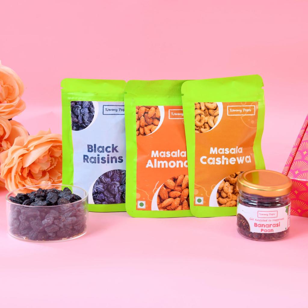 Tummy Pops Dry Fruits & Mukhwas Combo Gift Pack | Cashew, Almond, Black Raisin & Dry Banarasi Paan | Healthy Mouth Freshener Gift Box for Family,