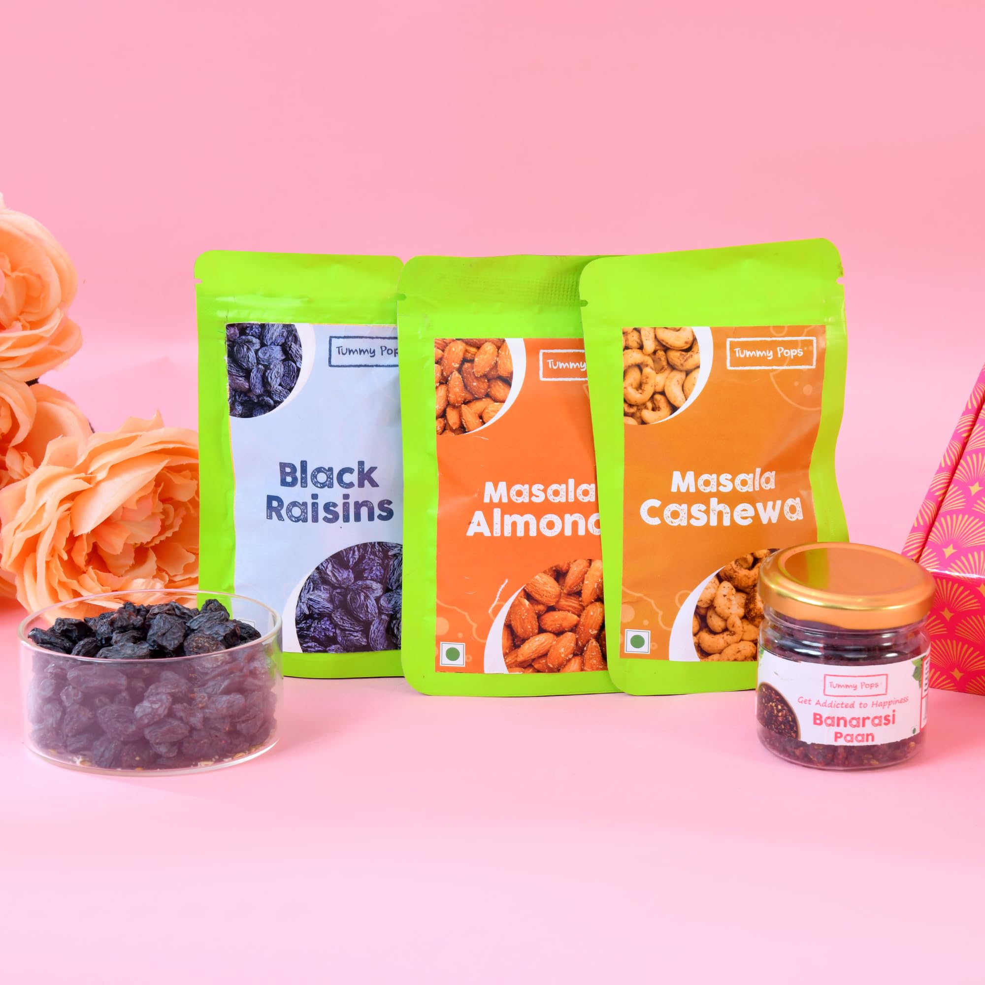 

Tummy Pops Dry Fruits & Mukhwas Combo Gift Pack | Cashew, Almond, Black Raisin & Dry Banarasi Paan | Healthy Mouth Freshener Gift Box for Family,