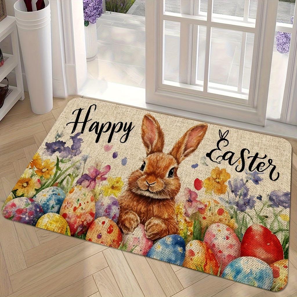 Easter Decorative Carpet Mat Rug with Hand-painted Eggs Wooden Texture Butterfly Home Decoration for Living Room Children's Room