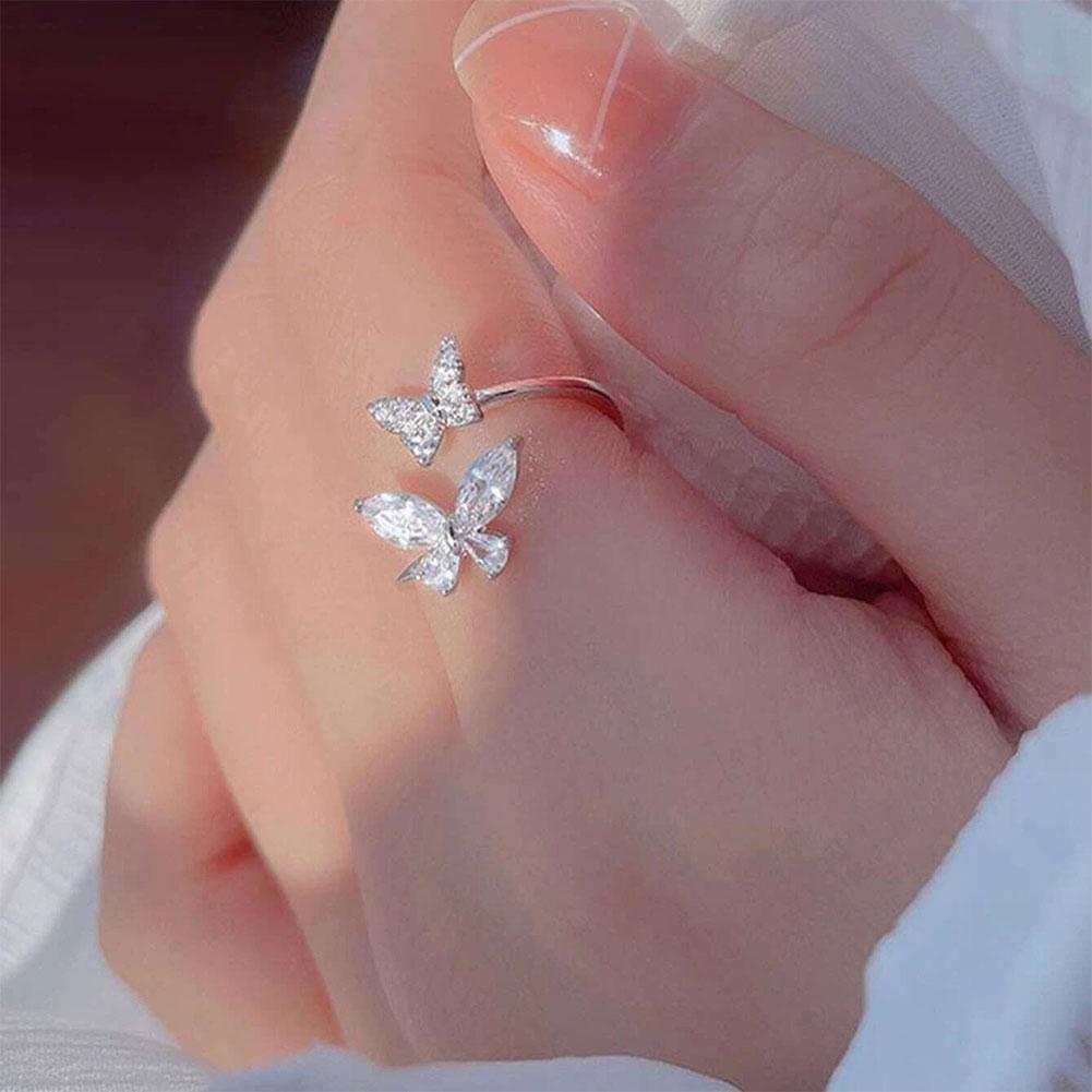 Creative Butterfly Opening Adjustable Ring Shiny Zircon Butterfly Ring Temperamental Alloy Ring Jewelry