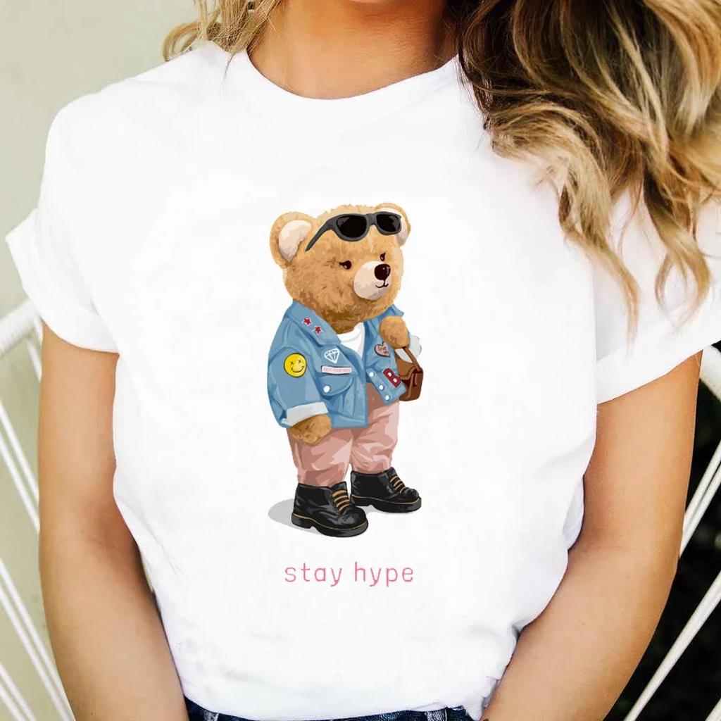 Printed Women's 90s Cute Clothing Short Sleeve Clothing Cartoon Cute Bear Pattern T-shirt Fashion Women's Casual Versatile T-shi
