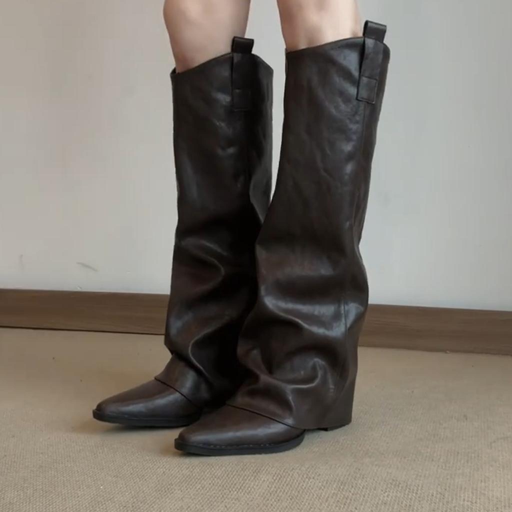 Spice Girl Temperament But Knee Pointe Skinny Thick Legs Knight Boots Women's Retro Thick Heel Pleated Pants Boots
