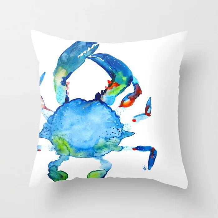Watercolor Ocean Theme Pillowcase Starfish Octopus Mermaid Crab Cushion Cover Home Sofa Bedroom Decoration  Ornament