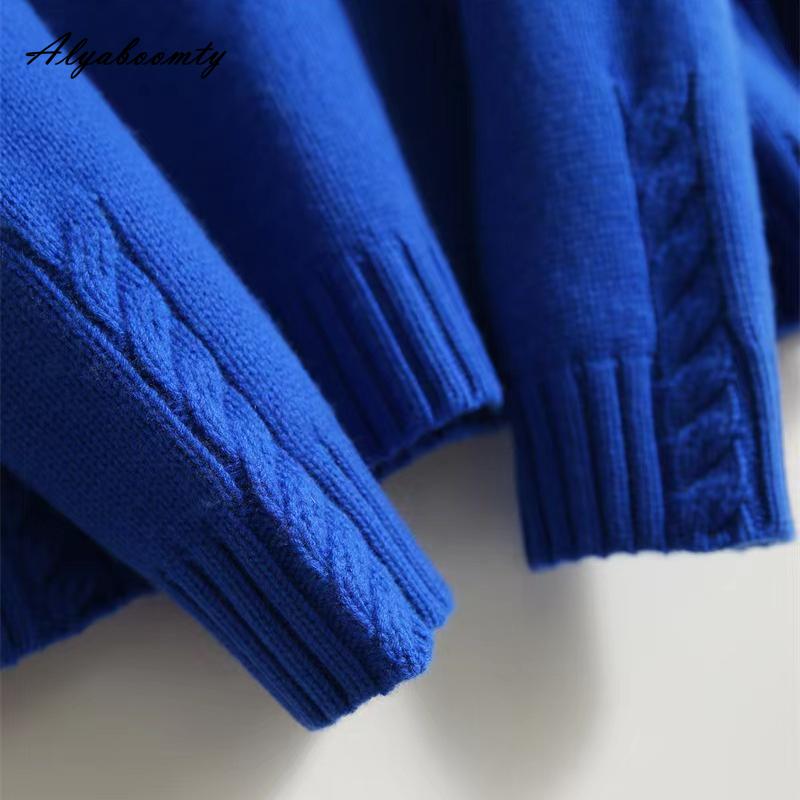 Korean Fashion Herbst Winter Frauen Casual Lose Pullover Halb Hohen Kragen Blau Beige Grün Gestrickte Pullover