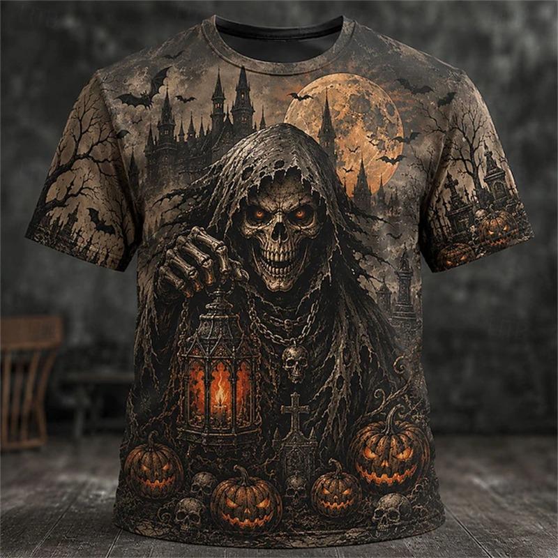 New Men's Crew-Neck T-Shirt Pumpkin Skeleton and Scarecrow Print Halloween Horror Casual Top Unisex Holiday Party Outfit