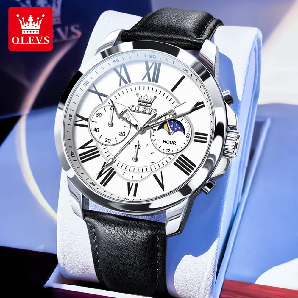OLEVS Big Dial Roman Scale Quartz Watch For Men Waterproof Luminous Men's Hand Clock Moon Phase Original Fashion Man Watch