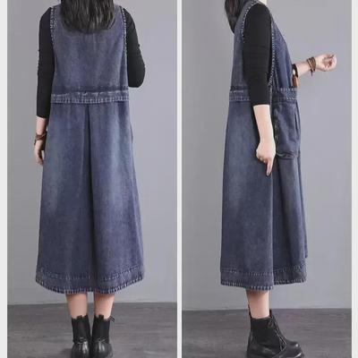 Oversized Denim Vest Dress with Large Pockets - Mid-Length Korean Style for Spring 2024