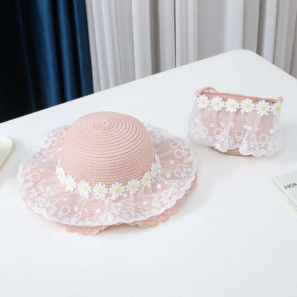 Wide Brim Straw Bag Cap Set Lace Sun Hat Sweet Fisherman Hat for 2-8 Years Kids