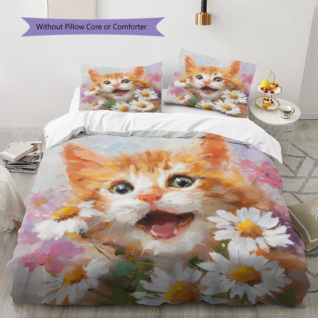 Cat Holding Flowers Pattern Bedding Quilt Set Home Decoration Gift (1 * Duvet Cover + 2 * Pillowcase, Without Core)