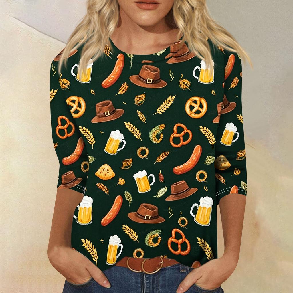 Womens Casual Crew Neck Three Quarter Sleeve Printed Top Relaxed Fit Soft Lightweight Festival Theme T Shirt Blouse