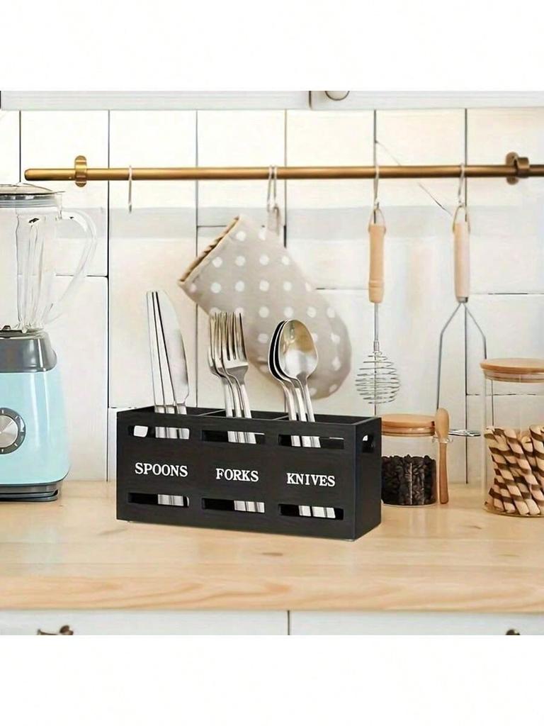 Wood Utensil Caddy With 3 Compartments, Large Capacity Silverware Holder, Multipurpose Utensil Holder, Flatware Caddy