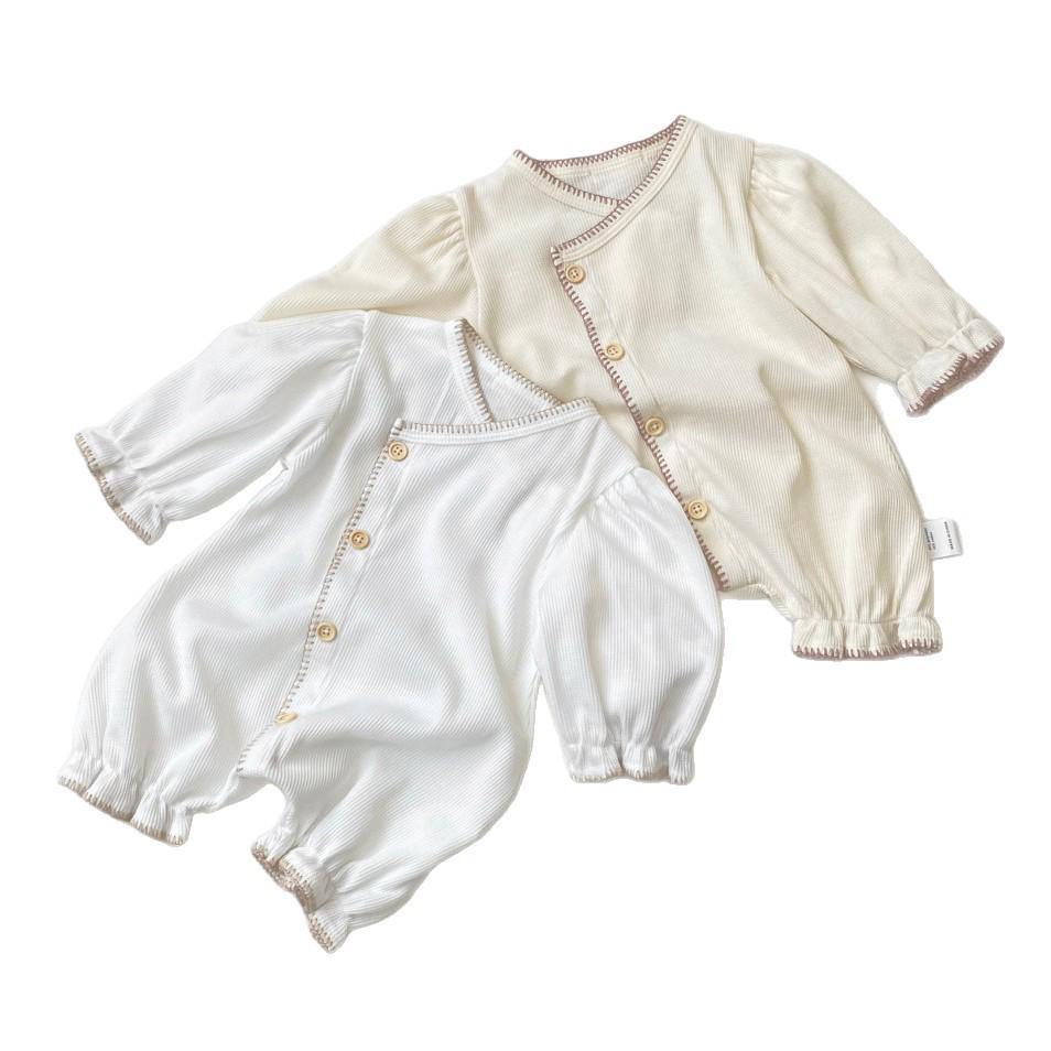2026 Infant Waffle Lantern Sleeve Romper - Baby Girl Spring Outfit with Single-Breasted Design and Diaper Cover