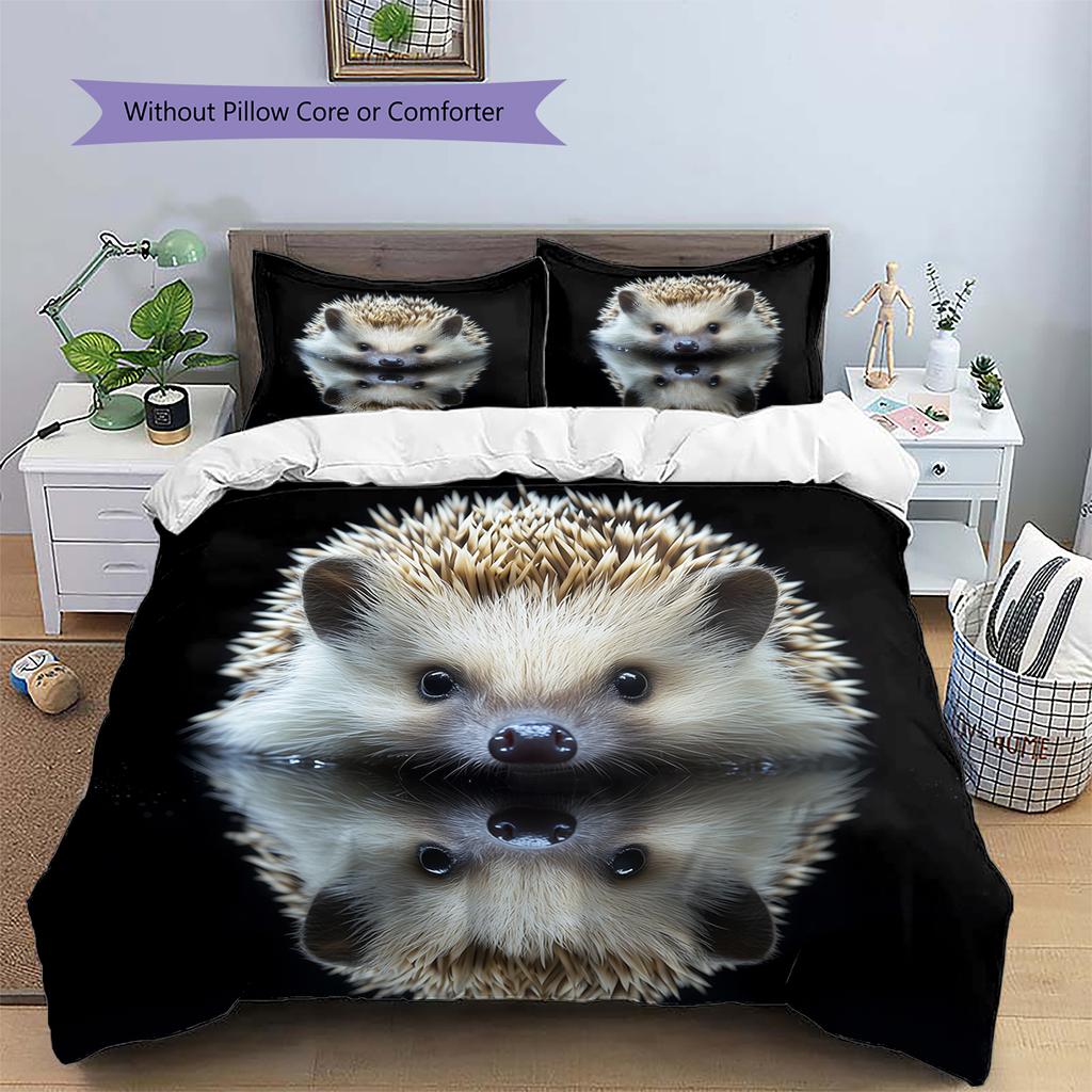 Black Hedgehog Pattern Bedding Home Decoration Birthday Gift (1 * Duvet Cover + 2 * Pillowcase, Without Core)
