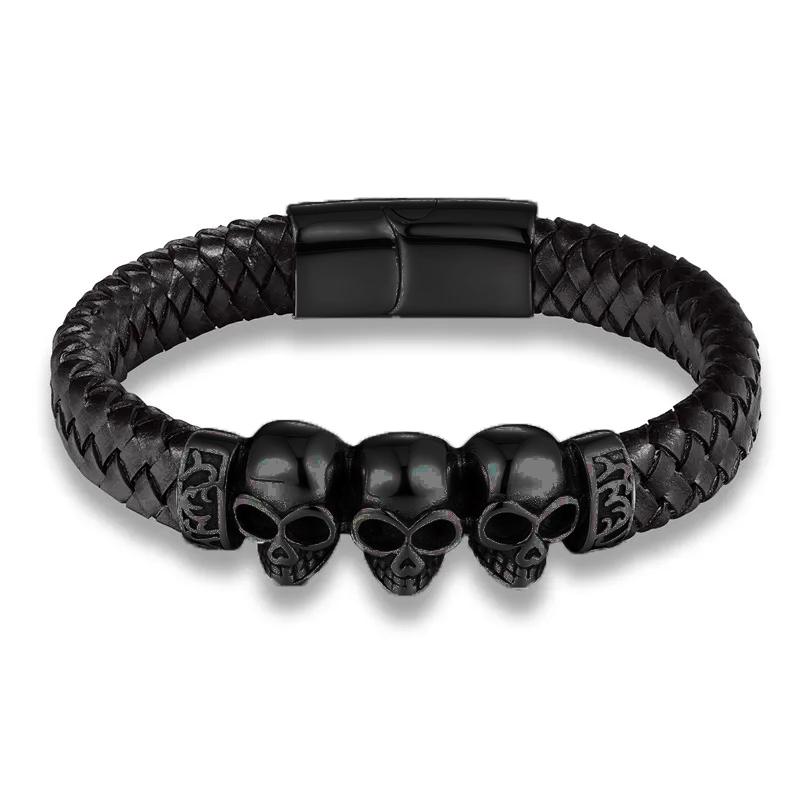 

Fashion Braided Leather Bracelets Skull Bracelet Punk Wrap Bracelet Stainless Steel Magnetic Buckle Fashion Bangles 23cm чорний