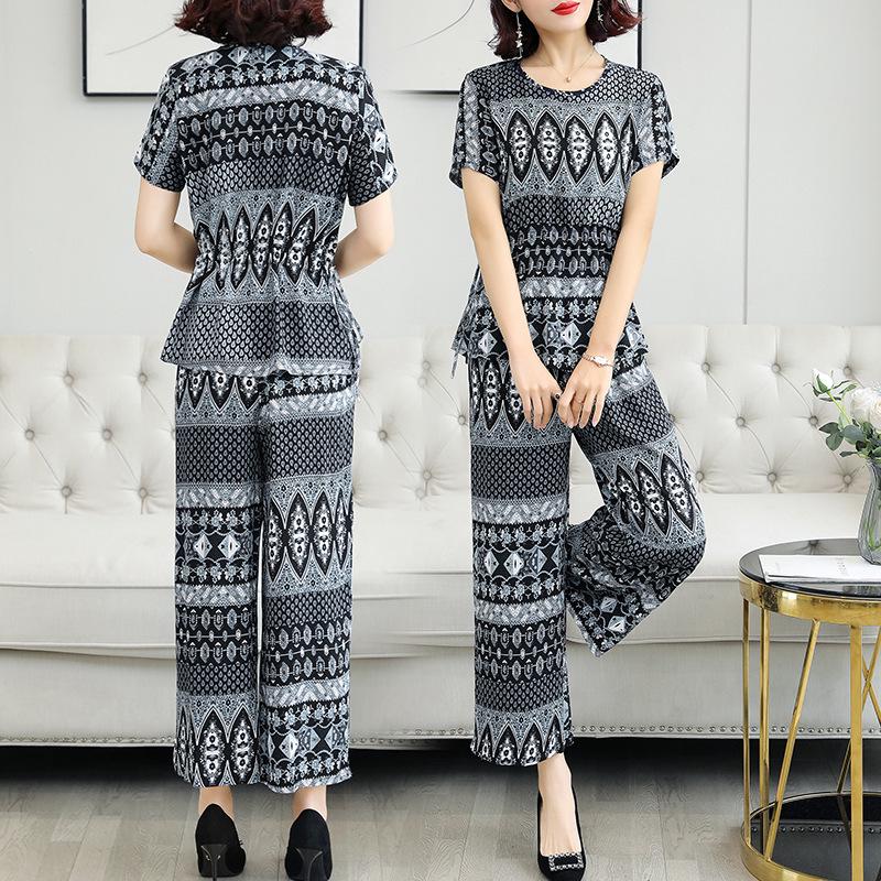 

Женский летний комплект пижамы с короткими рукавами из хлопка и шелка - для среднего и пожилого возраста 2XL [115-130 jin]