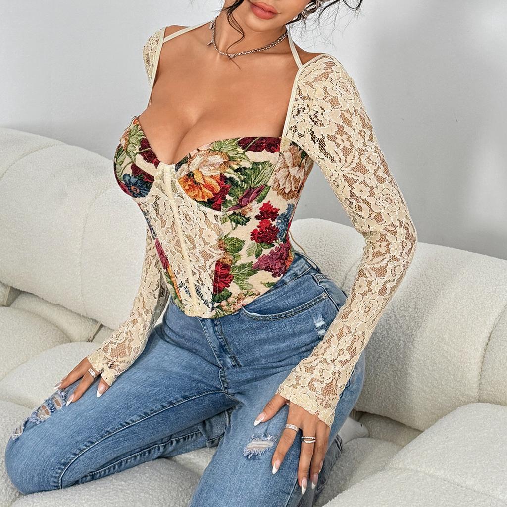 Women's Summer Niche Vintage Flower Wrap Lace Sexy Lace Up Top