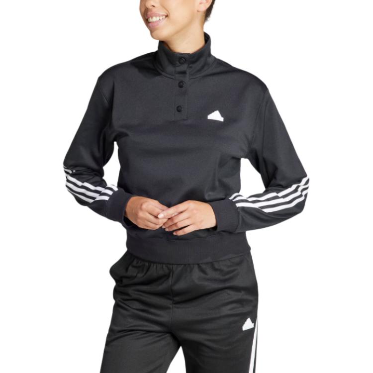 Adidas Striped Half Button Long Sleeve Sweatshirt Women sweatshirt Black IT4828
