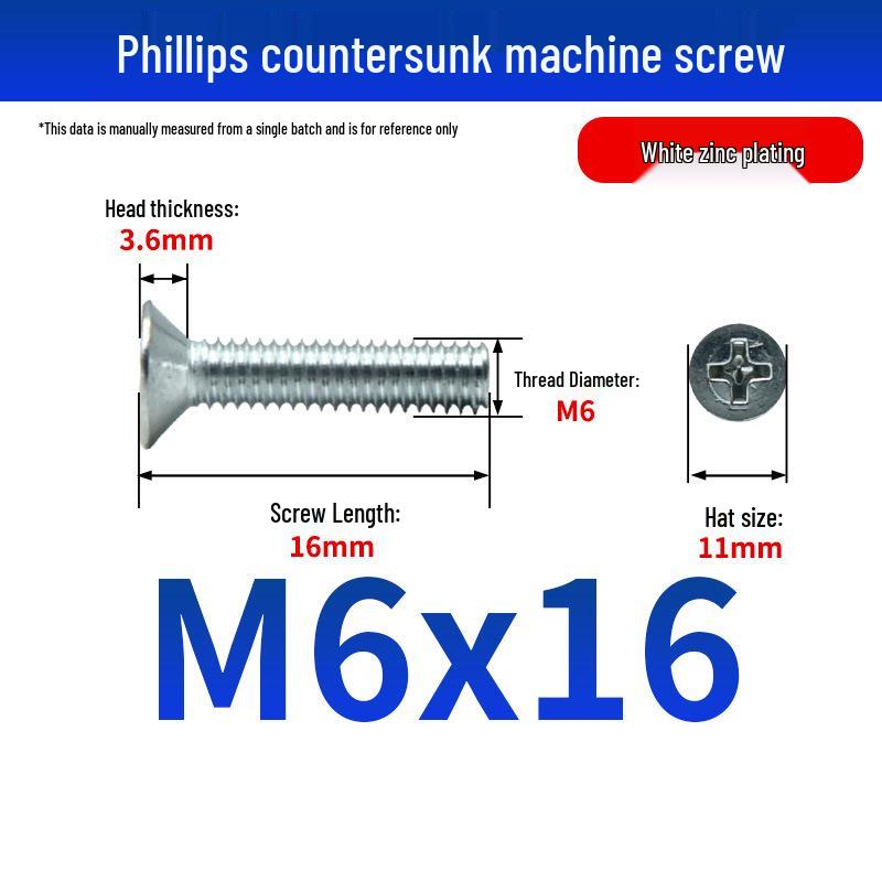 White Zinc Plated Cross Recessed Countersunk Head Screws & Bolts, Machine Thread, M3-M12
