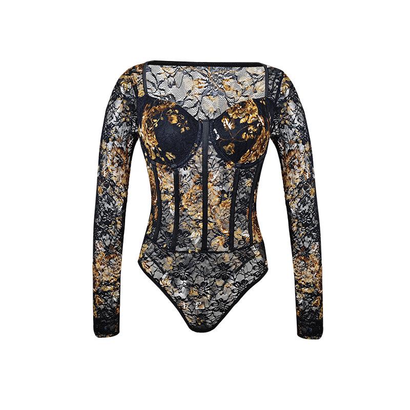 

Retro Floral Lace Long Sleeve Underwire Bodysuit Small чёрный