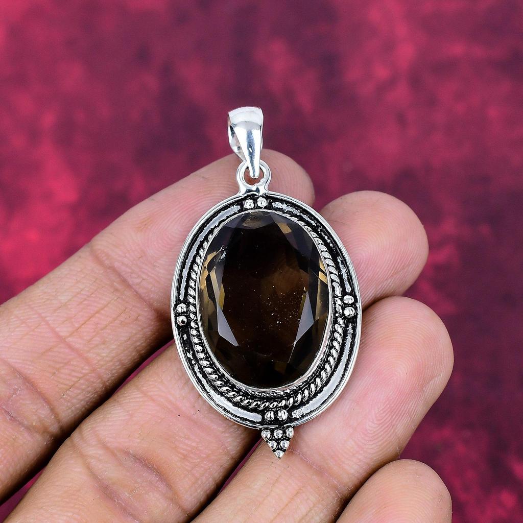 Rökkvarts hänge, 925 massivt sterlingsilver ädelstenssmycke, handgjort hänge, för Thanksgiving