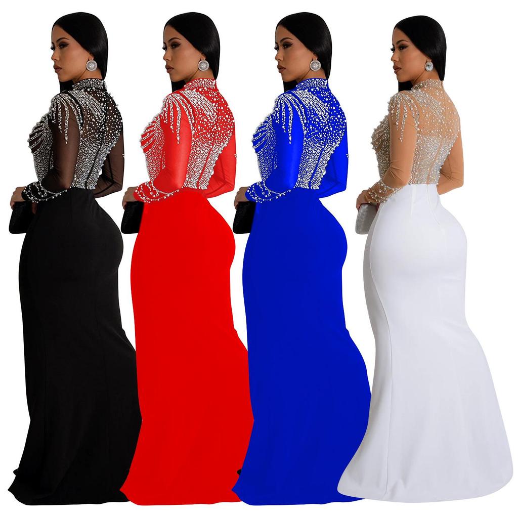 Women's European & American Fashion Slit Long Dress with Mesh and Hot Drilling Design