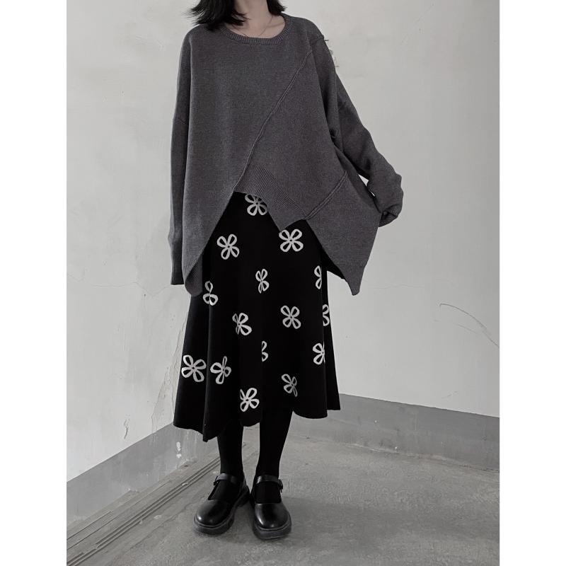 Plus Size Women Autumn Winter Irregular Sweater Loose Casual Long Sleeve Knitted Pullover Spliced Knitwear Jumper Tops
