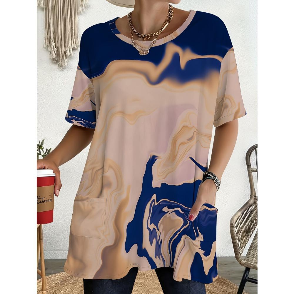 Women's Summer Short Sleeved T-shirt, 3D Printed Pocket T-shirt, Casual Plus Size T-shirt