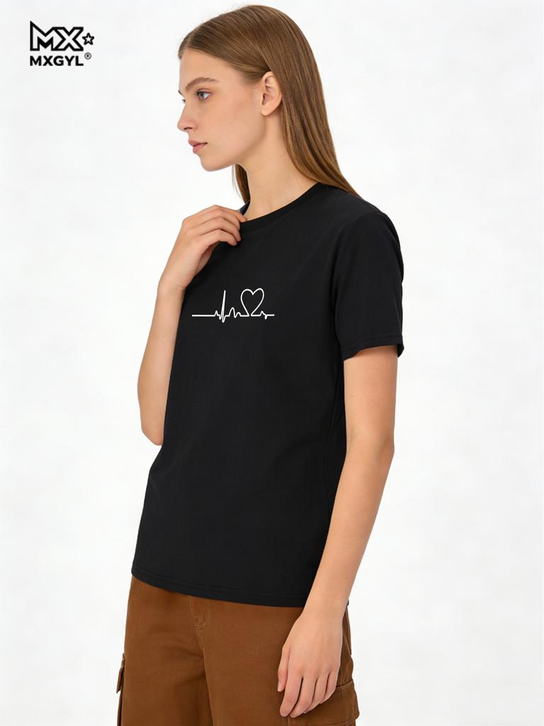 2026 Women's Love Heart Print T-Shirt, Plus Size, Electrocardiogram, Funny Woman Tee Tops, Casual Female T-shirts, Summer