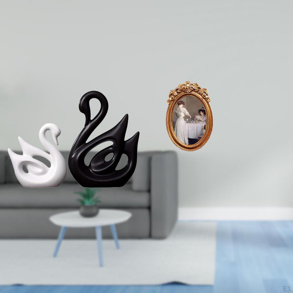 Porcelain Swan Couple Figurines Sculpture with Ornate Resin Photo Frame Elegant Animal Collectible