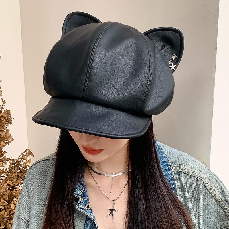 Fashion Versatile Hat Women's Sweet and Cool Wind Cat Ears Leather Octagonal Hat Autumn and Winter Versatile Face Small Winter Hat