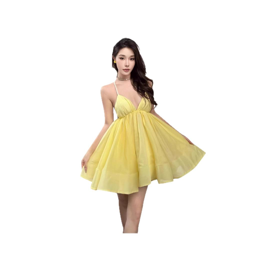 Summer yellow suspender dress women's V-neck backless strap A-shaped skirt fluffy short skirt vacation style