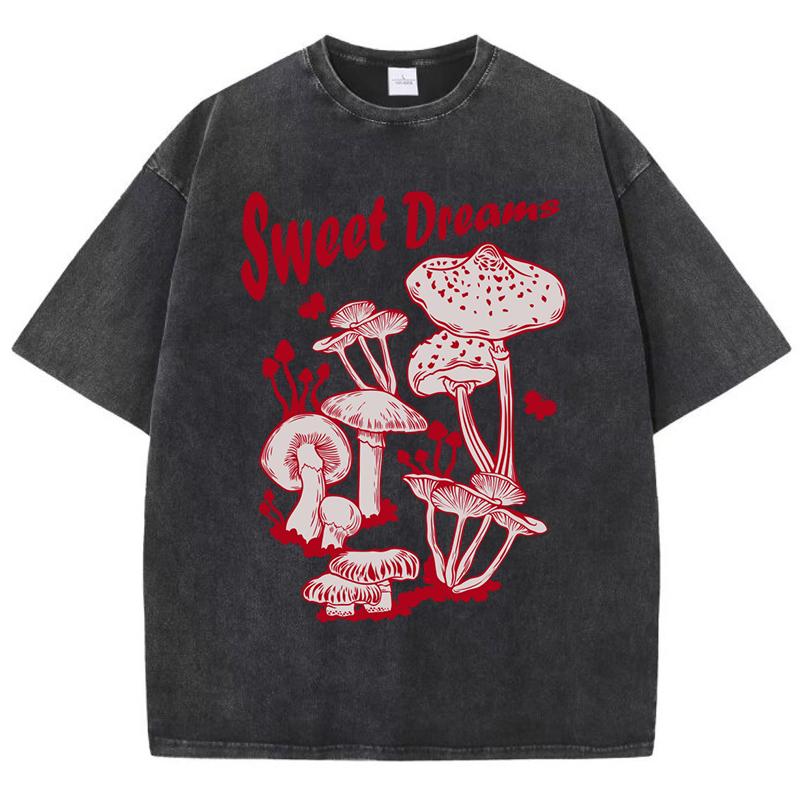 Sweet Dreams Mushroom Design Washed T-Shirt Women Summer T Shirts Cotton Top Multicolor Oversized Clothes