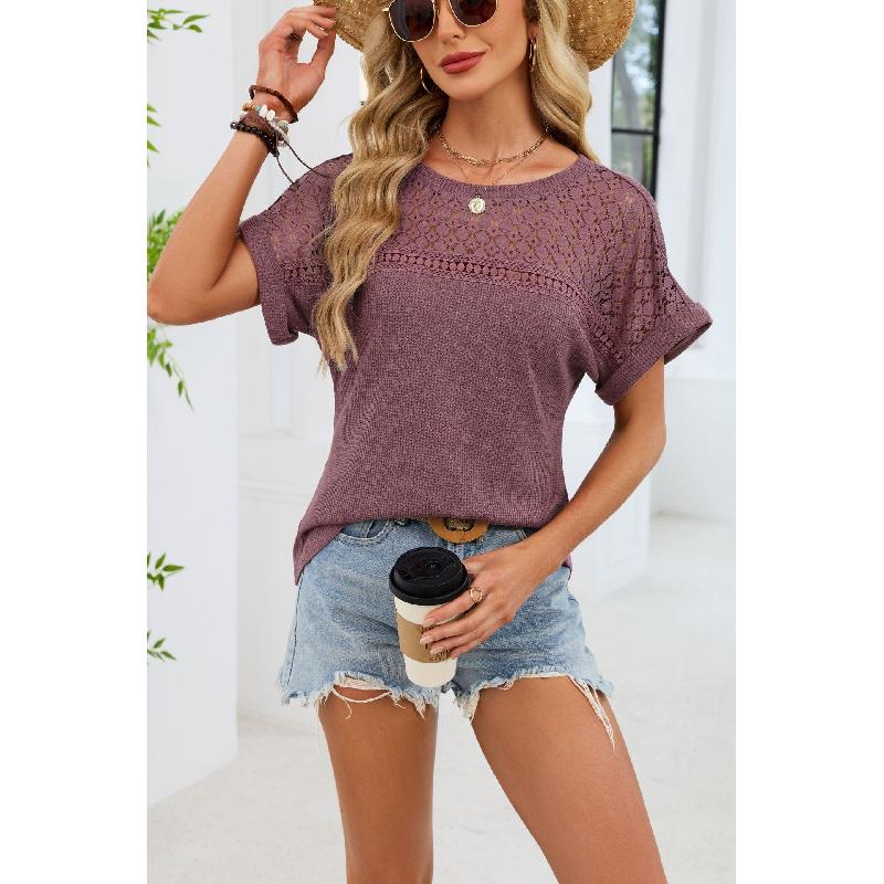 2026 Spring/Summer New Round Neck Lace Trim Loose Short Sleeve T-Shirt for Women