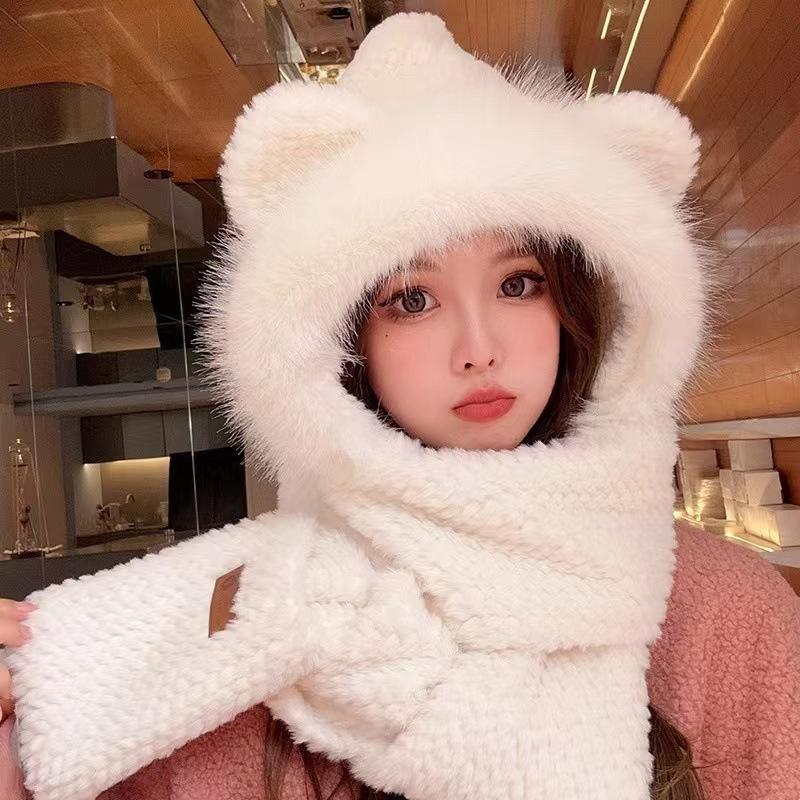 Cute bear ears plush hat scarf integrated women's autumn and winter cycling warm versatile mask ear protection scarf