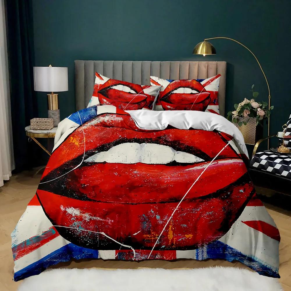 Lip Duvet Cover Set Golden Lip Bedding Set Sexy Adult Couple Twin Polyester Comforter Cover 3D Kiss Marks Double Queen King Size