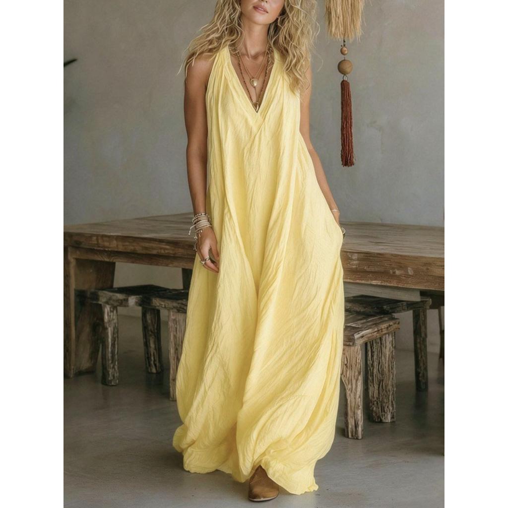 Women's V Neck Sleeveless Solid Color Loose Fit High Waist Casual Maxi Dress Sundress