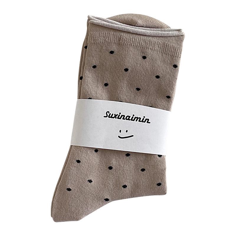 Cream Vintage Polka Dot Mid-Tube Rolled Edge Socks Thin Artistic Summer Socks 5 Pairs Women Spring Socks Korean Women Socks