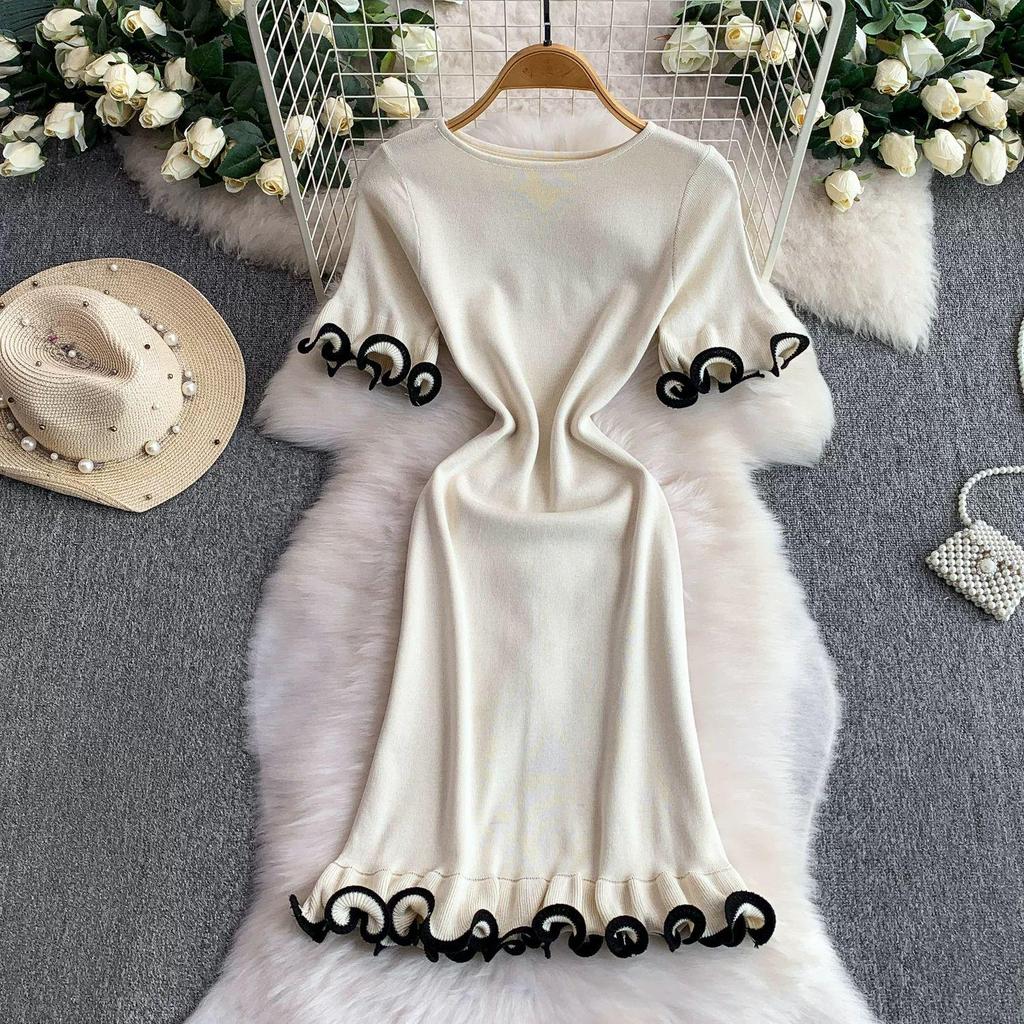2026 Summer European French Slim Knit Dress – Short Sleeve Round Neck, Hip Wrap Skirt for Women
