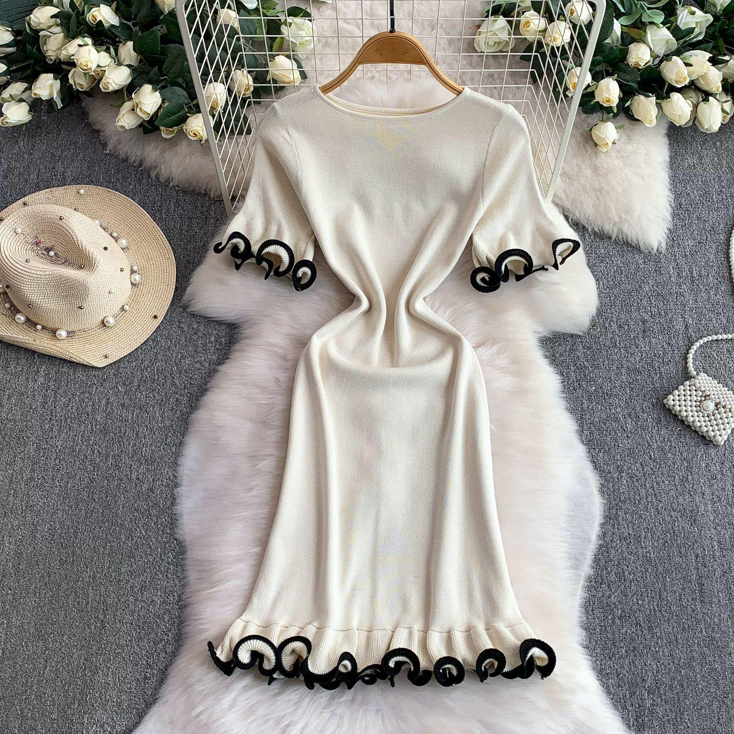 

2026 Summer European French Slim Knit Dress – Short Sleeve Round Neck, Hip Wrap Skirt for Women Extra Small бежевий