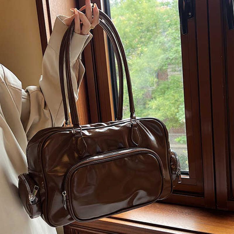 Retro Shoulder Bags For Women Trendy Pu Leather Multiple Pockets Female Tote Bag  New Solid Large Capacity Commuter Handbags