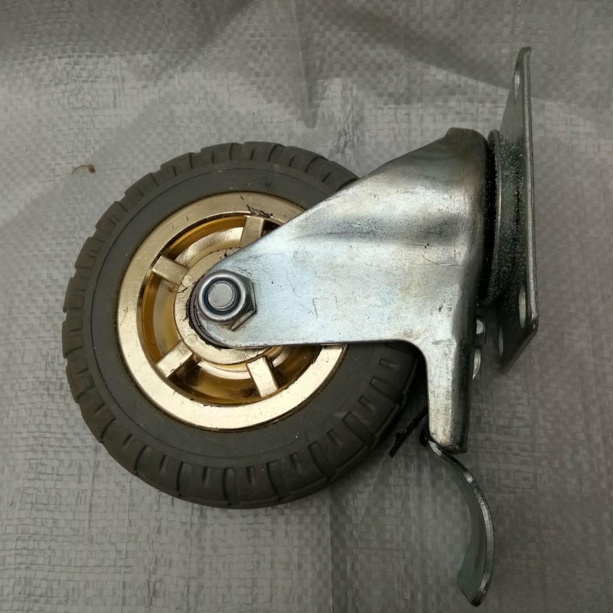 Medium-Duty Swivel Caster Wheel with Gray Elastic Rubber and Gold Brake Threaded Stem