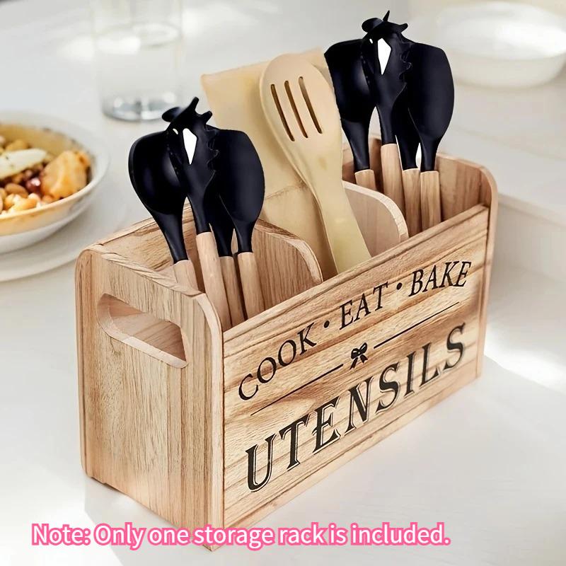 Kitchen Utensil Rack with Three Compartments Rustic Wooden Storage Box Vintage Tableware Farmhouse Dish Cabinet Forks Spoo
