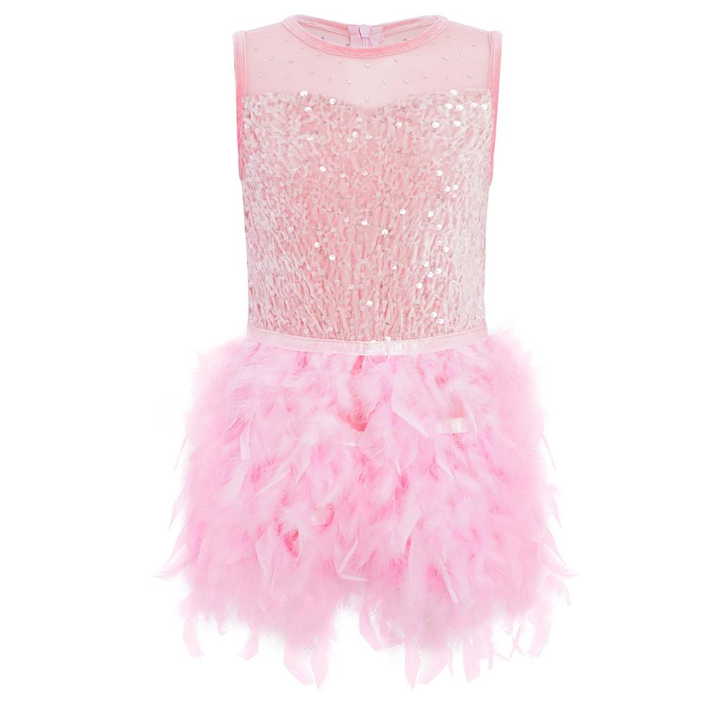 Robe de spectacle de danse pour filles Sans manches Fermeture éclair invisible au dos Patchwork en maille transparente Sequins brillants Plume Velours Robe