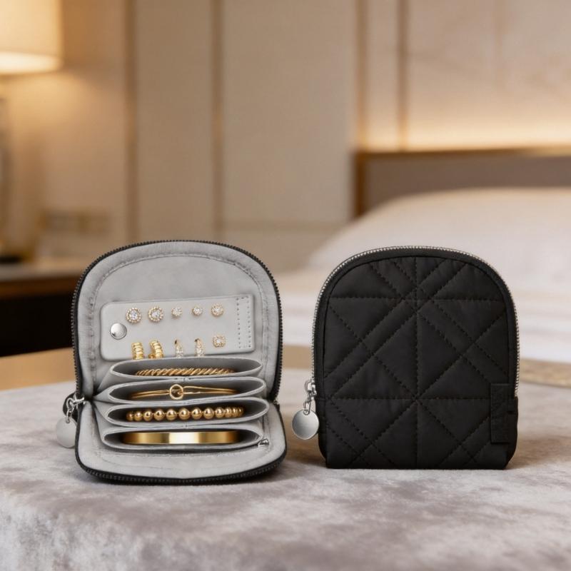 Compact Travel Jewelry Storage Case with Zip-Around Closure and Sectioned Space for Earrings Rings Necklaces Use