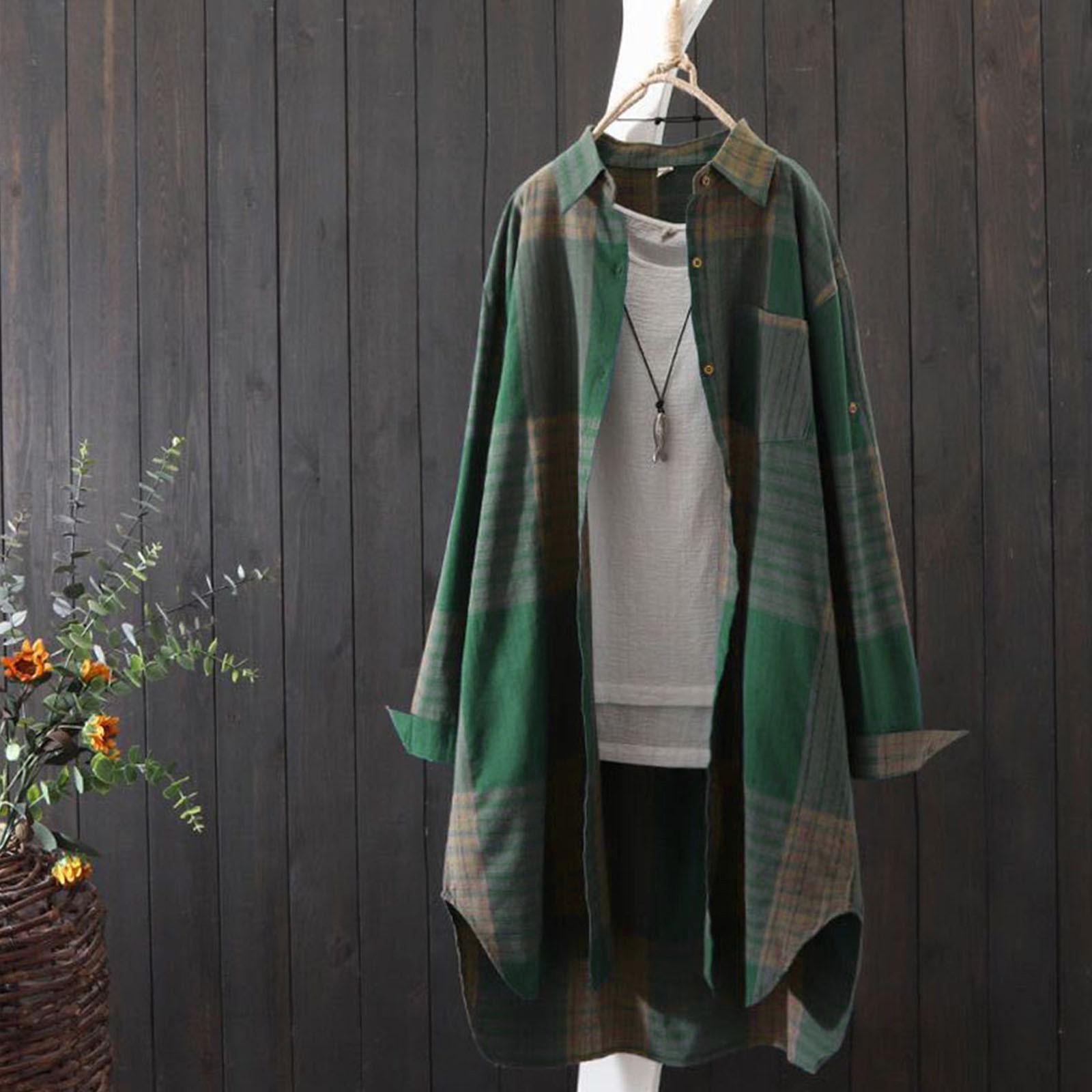 

Женская мода клетчатый свободный повседневный кардиган тонкая верхняя рубашка солнцезащитная куртка топ XL зелёный