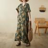 Real Shot Summer Thin Cotton and Linen V-neck Large Size Loose Vacation Wind Beach Dress Retro Medium and Long Dress Women