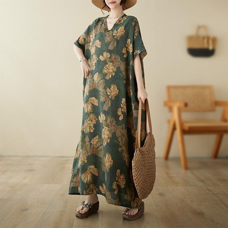 Real Shot Summer Thin Cotton and Linen V-neck Large Size Loose Vacation Wind Beach Dress Retro Medium and Long Dress Women
