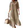 Vestido Camisa de Algodão Linho Feminino Manga Longa Decote V Botões Vestido Maxi Casual