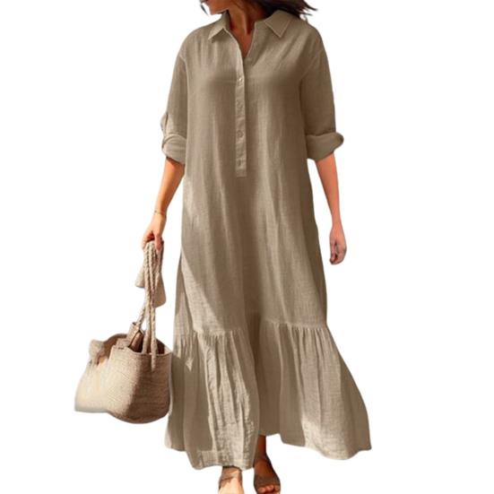 Vestido Camisa de Algodão Linho Feminino Manga Longa Decote V Botões Vestido Maxi Casual